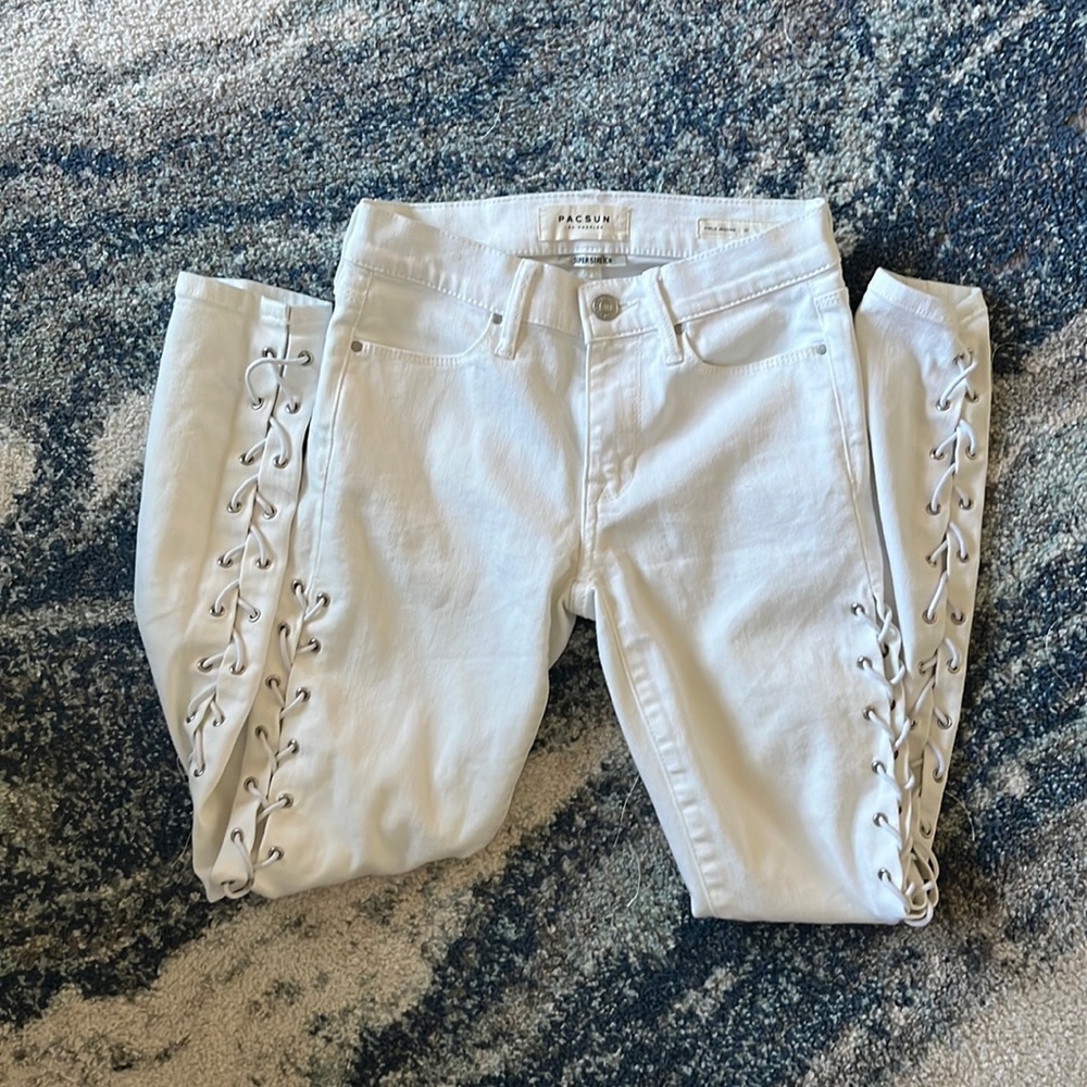 White Lace Up Denim Jeggings
